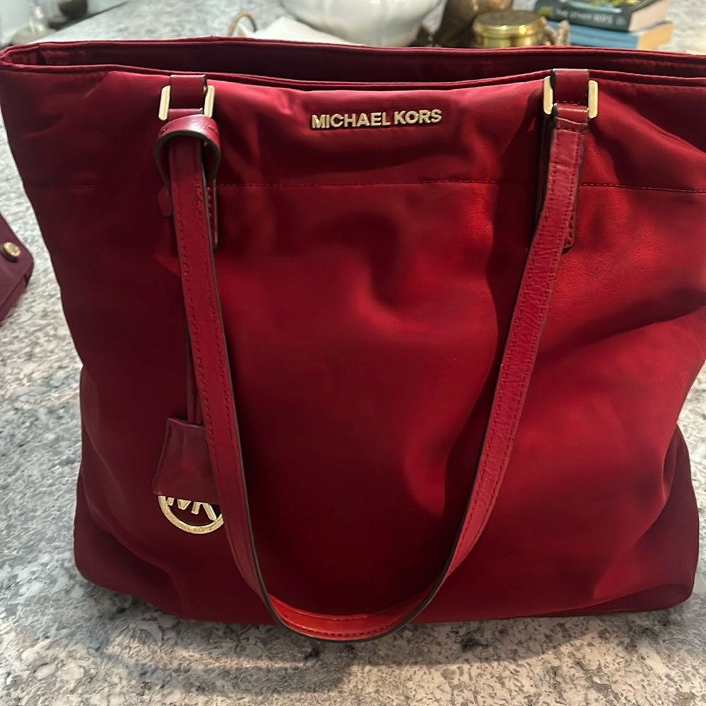 Michael Kors red canvas tote bag purse